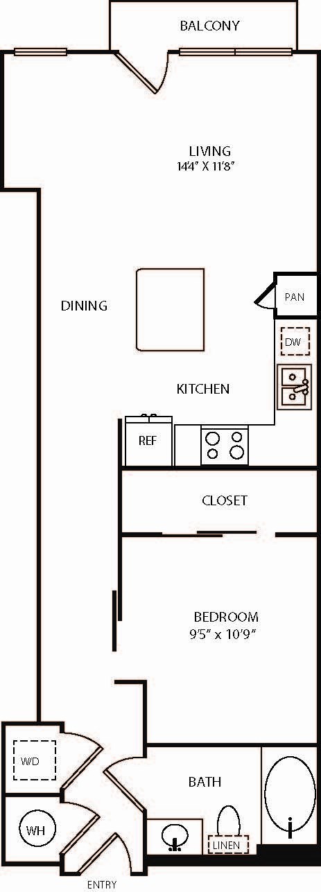 Floor plan for 1 bed, 1 bath, 667 sqft