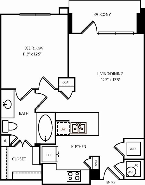 Floor plan for 1 bed, 1 bath, 682 sqft