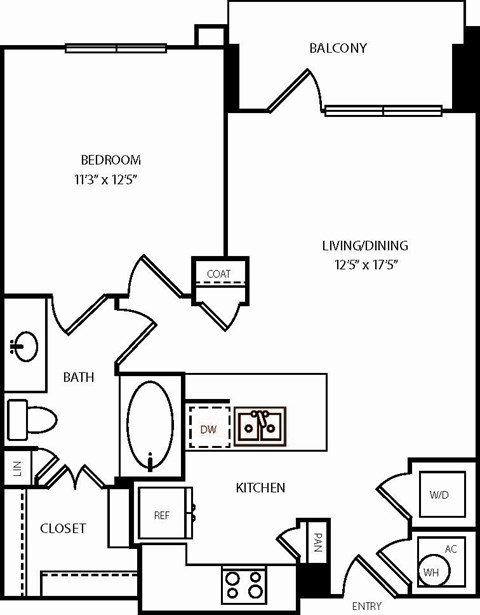 Floor plan for 1 bed, 1 bath, 696 sqft