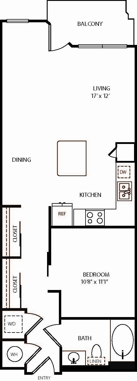 Floor plan for 1 bed, 1 bath, 705 sqft