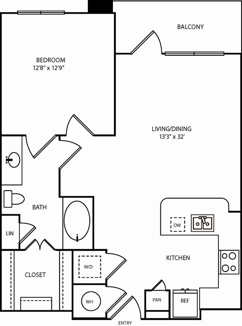Floor plan for 1 bed, 1 bath, 708 sqft