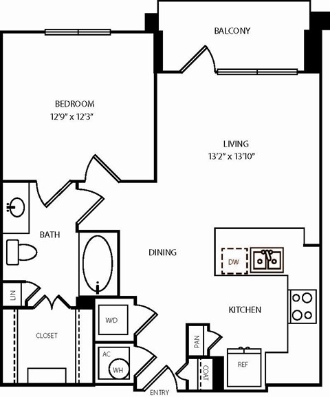Floor plan for 1 bed, 1 bath, 712 sqft