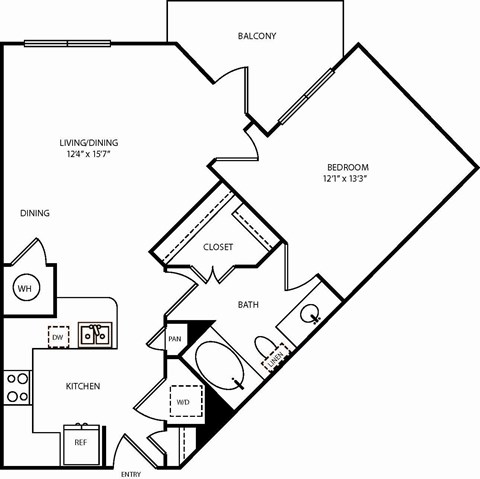 Floor plan for 1 bed, 1 bath, 717 sqft