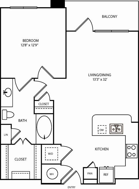 Floor plan for 1 bed, 1 bath, 725 sqft