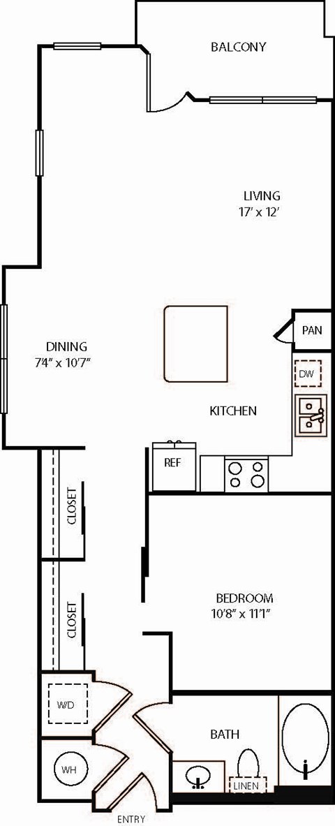 Floor plan for 1 bed, 1 bath, 726 sqft