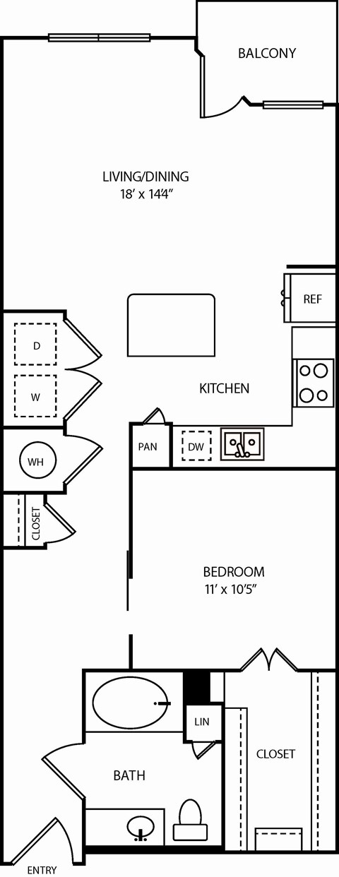 Floor plan for 1 bed, 1 bath, 739 sqft