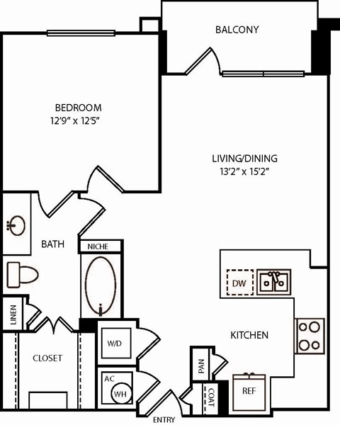 Floor plan for 1 bed, 1 bath, 742 sqft