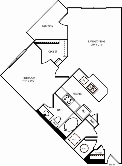 Floor plan for 1 bed, 1 bath, 744 sqft
