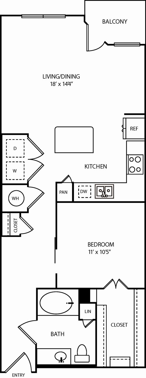 Floor plan for 1 bed, 1 bath, 754 sqft