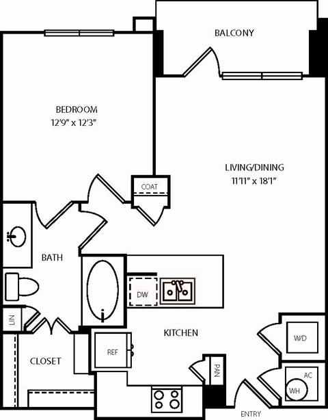 Floor plan for 1 bed, 1 bath, 760 sqft