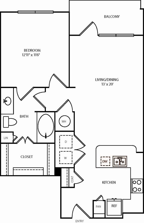 Floor plan for 1 bed, 1 bath, 761 sqft