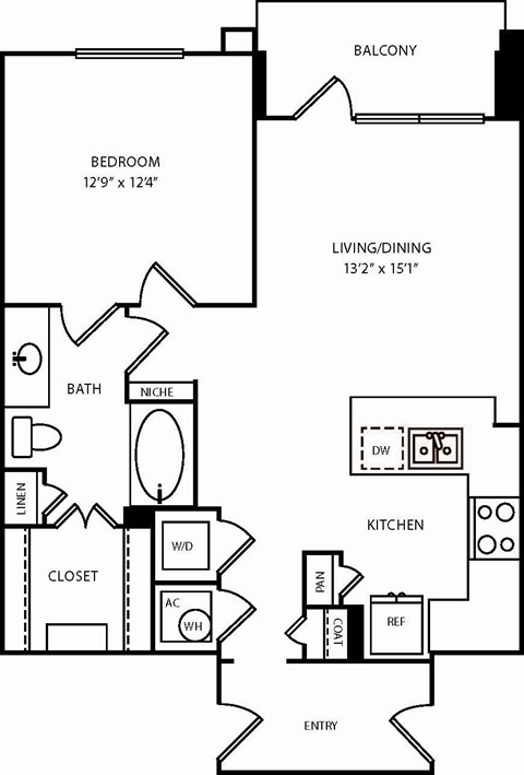 Floor plan for 1 bed, 1 bath, 801 sqft