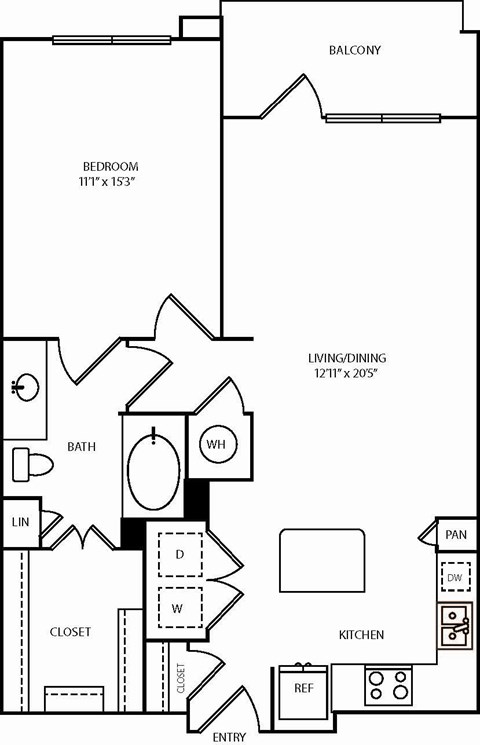 Floor plan for 1 bed, 1 bath, 827 sqft