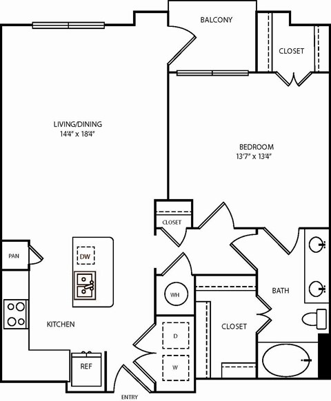 Floor plan for 1 bed, 1 bath, 829 sqft