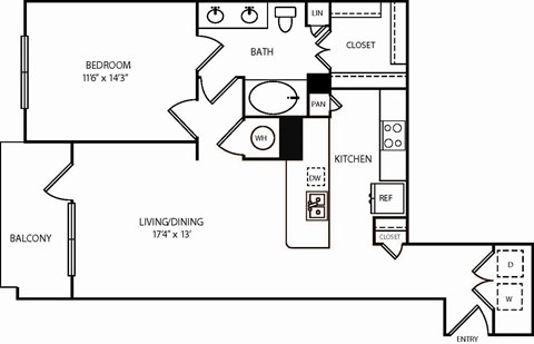 Floor plan for 1 bed, 1 bath, 833 sqft