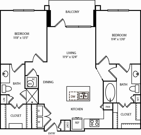Floor plan for 2 beds, 2 baths, 1028 sqft