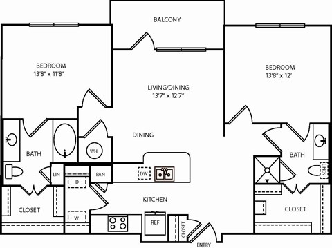 Floor plan for 2 beds, 2 baths, 1035 sqft