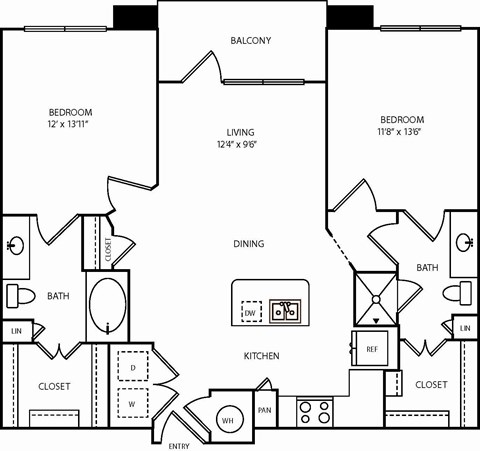 Floor plan for 2 beds, 2 baths, 1039 sqft