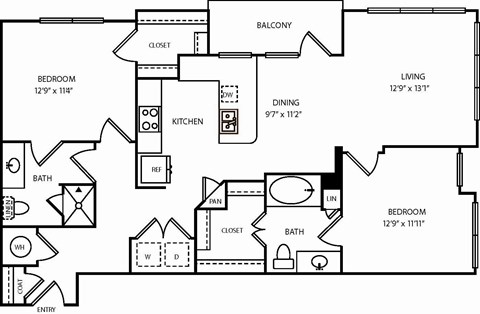 Floor plan for 2 beds, 2 baths, 1082 sqft