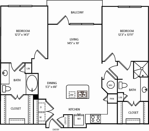 Floor plan for 2 beds, 2 baths, 1090 sqft