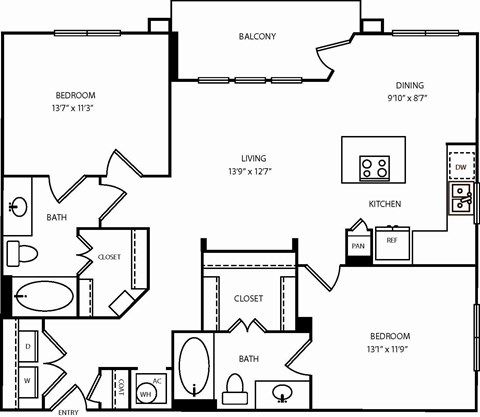 Floor plan for 2 beds, 2 baths, 1093 sqft