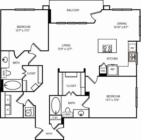 Floor plan for 2 beds, 2 baths, 1150 sqft