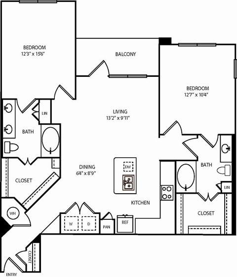 Floor plan for 2 beds, 2 baths, 1219 sqft