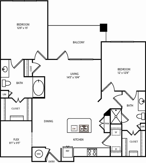 Floor plan for 2 beds, 2 baths, 1222 sqft
