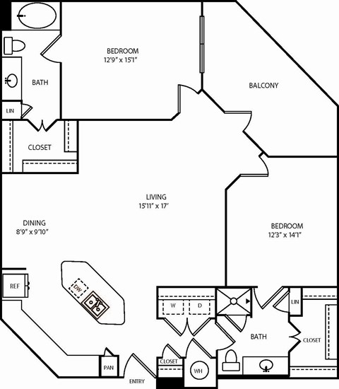 Floor plan for 2 beds, 2 baths, 1259 sqft