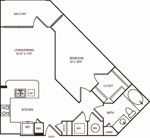 Floor plan for studio, 1 bath, 667 sqft