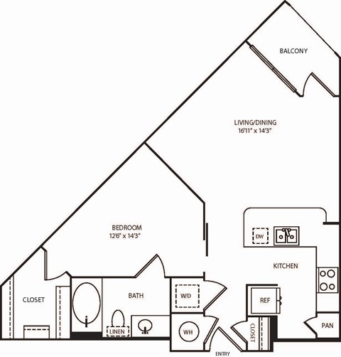 Floor plan for studio, 1 bath, 668 sqft