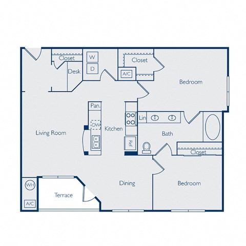 Floor plan for 2 beds, 1 bath, 1064 sqft