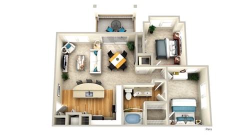 Floor plan for 2 beds, 1 bath, 1037 sqft