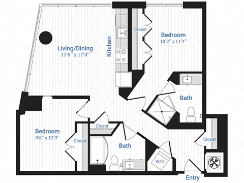 Floor plan for 2 beds, 2 baths, 1002 sqft