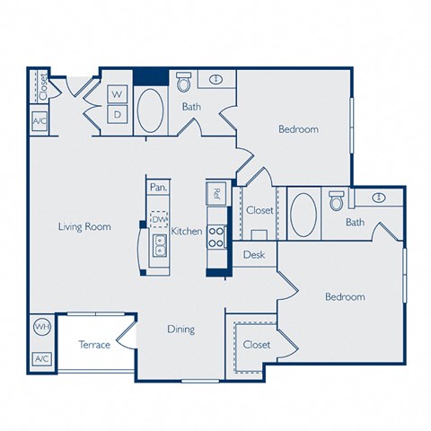 Floor plan for 2 beds, 2 baths, 1141 sqft