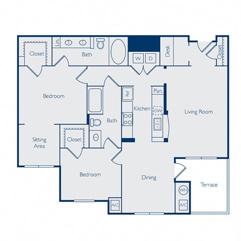 Floor plan for 2 beds, 2 baths, 1217 sqft