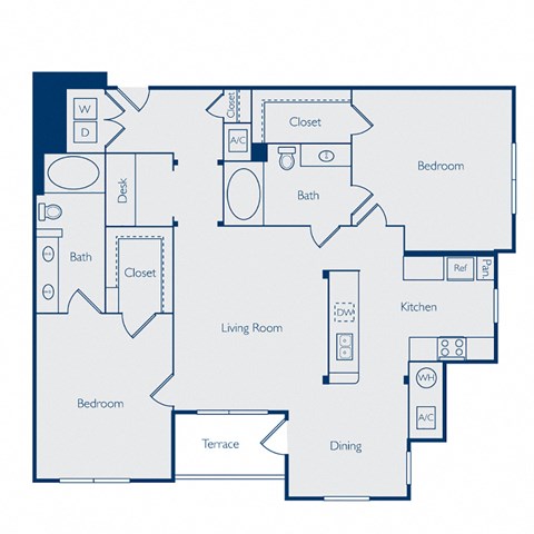 Floor plan for 2 beds, 2 baths, 1274 sqft