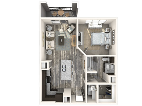 Floor plan for 1 bed, 1 bath, 731 sqft