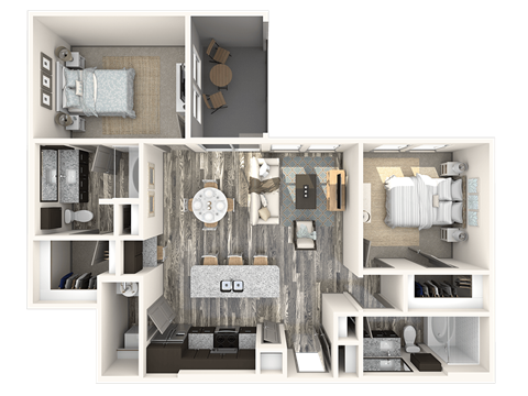 Floor plan for 2 beds, 2 baths, 1049 sqft