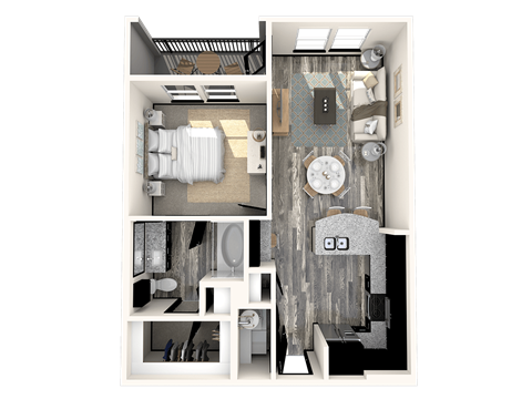 Floor plan for 1 bed, 1 bath, 673 sqft