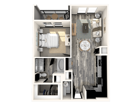 Floor plan for 1 bed, 1 bath, 673 sqft