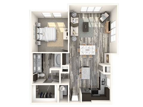 Floor plan for 1 bed, 1 bath, 869 sqft