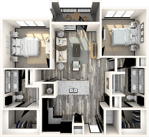 Floor plan for 2 beds, 2 baths, 1045 sqft