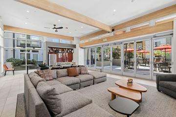 San Jose apartment for rent - A modern living room with a grey sofa and a wooden coffee table.