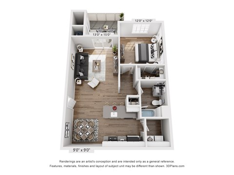 Floor plan for 1 bed, 1 bath, 768 sqft