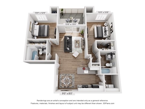 Floor plan for 2 beds, 2 baths, 1064 sqft