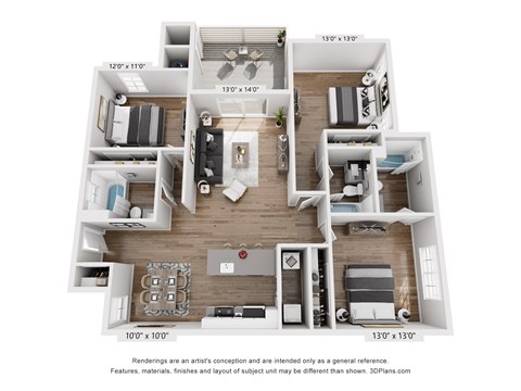 Floor plan for 3 beds, 3 baths, 1289 sqft