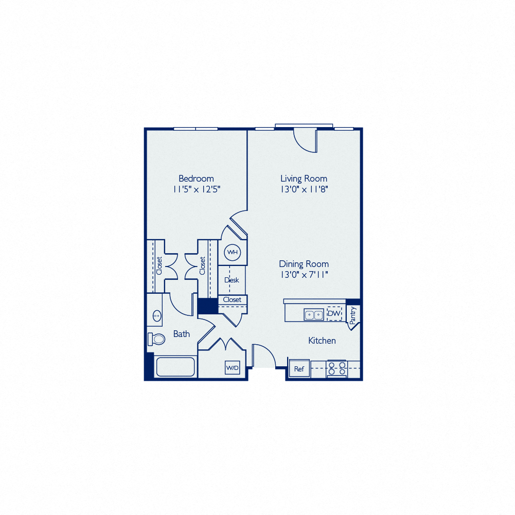 Floor plan for 1 bed, 1 bath, 734 sqft