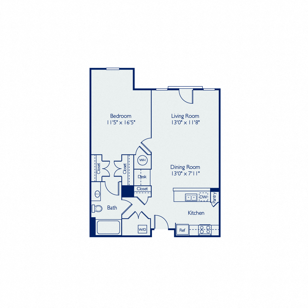 Floor plan for 1 bed, 1 bath, 769 sqft