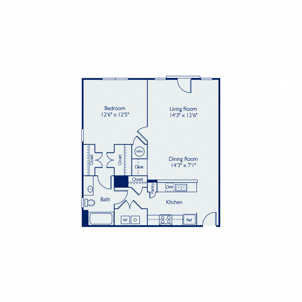 Floor plan for 1 bed, 1 bath, 797 sqft